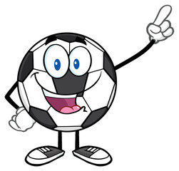 Happy Soccer Ball Cartoon Mascot Character Pointing. Hand Drawn Illustration Isolated On Transparent Background