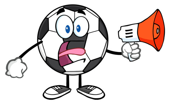 Soccer Ball Cartoon Mascot Character Using A Megaphone. Hand Drawn Illustration Isolated On Transparent Background