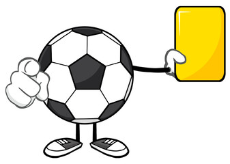 Soccer Ball Faceless Cartoon Mascot Character Referees Pointing And Showing Yellow Card. Hand Drawn Illustration Isolated On Transparent Background