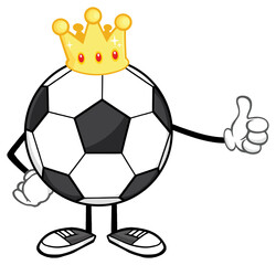 Fototapeta premium King Soccer Ball Faceless Cartoon Mascot Character With Golden Crown Giving A Thumb Up. Hand Drawn Illustration Isolated On Transparent Background