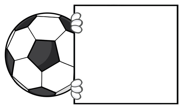 Soccer Ball Faceless Cartoon Mascot Character Looking Around A Blank Sign. Hand Drawn Illustration Isolated On Transparent Background