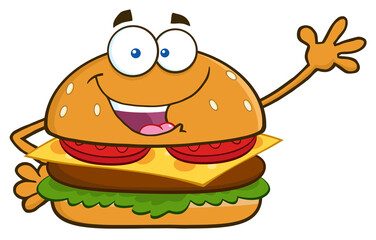 Happy Burger Cartoon Mascot Character Waving For Greeting. Hand Drawn Illustration Isolated On Transparent Background