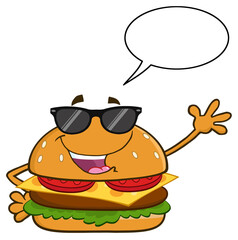 Happy Burger Cartoon Mascot Character With Sunglasses Waving For Greeting And Speech Bubble. Hand Drawn Illustration Isolated On Transparent Background