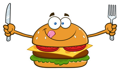 Hungry Burger Cartoon Mascot Character With Knife And Fork. Hand Drawn Illustration Isolated On Transparent Background