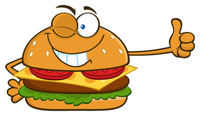 Winking Burger Cartoon Mascot Character Showing Thumbs Up. Hand Drawn Illustration Isolated On Transparent Background