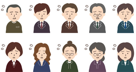 スーツを着た男性と女性人物のアイコンセット_焦り顔
