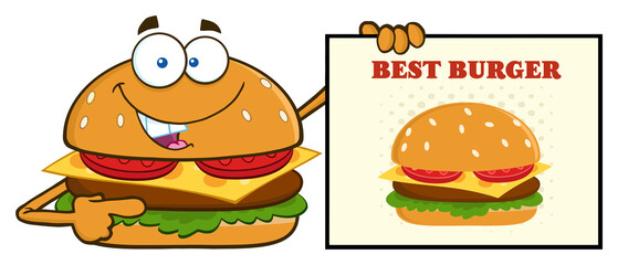 Smiling Burger Cartoon Mascot Character Pointing To A Sign Banner With Text Best Burger. Hand Drawn Illustration Isolated On Transparent Background