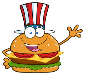 American Burger Cartoon Mascot Character With Patriotic Hat Waving For Greeting. Hand Drawn Illustration Isolated On Transparent Background