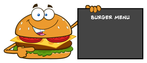 Funny Burger Cartoon Mascot Character Pointing To A Sign With Text Burger Menu. Hand Drawn Illustration Isolated On Transparent Background