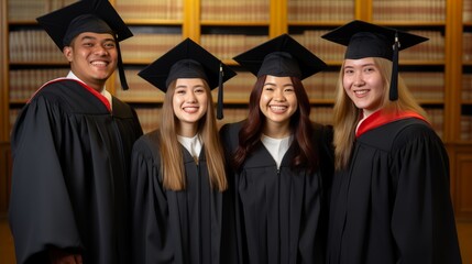 Group of multicultural graduate students wearing gowns and mortarboard hats pose together in library. Generative AI