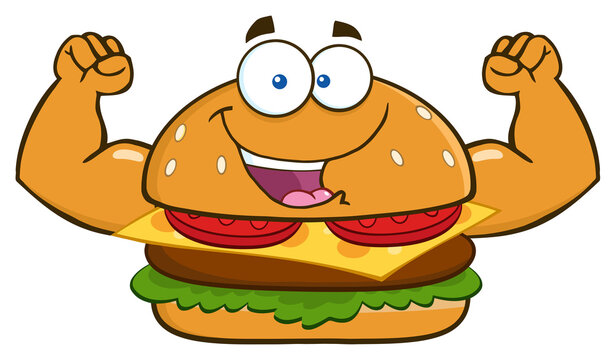 Funny Burger Cartoon Mascot Character Flexing His Muscles. Hand Drawn Illustration Isolated On Transparent Background