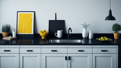 A spacious and well-lit kitchen mockup in contrasting colors Model #001