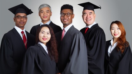 Group of multicultural young and adult graduate students wearing gowns and mortarboard hats pose together. Generative AI