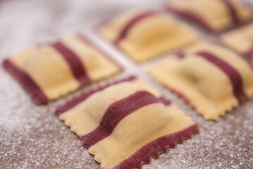 Pasta fresca ravioli al huevo con motivo en color, artesanal hecha a mano