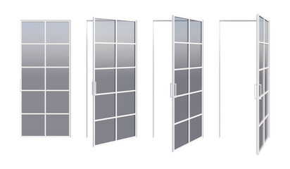 A set of four different opening options for modern isolated aluminum glass doors. White metal door frame with handle, transparent glass, slim white metal door trim. Open door, closed door. 3d render