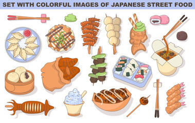Japanese street food set. Traditional popular asian dishes. Sweet and spicy