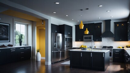 A spacious and well-lit kitchen mockup in contrasting colors - Model #003