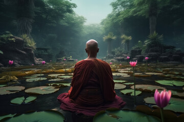 Buddhist monk in front of the pond with lotus flowers. Generative AI
