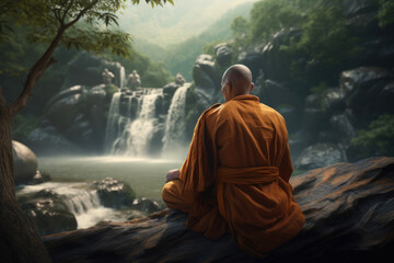 Buddhist monk in front of river with waterfall. Generative AI