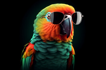 Cool Parrot with Aviator Sunglasses on Black Background Summer Generative AI