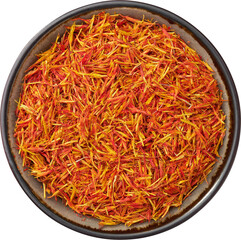 Fototapeta premium Bowl of Saffron seasoning closeup. Organic Saffron or alternative to saffron - Safflower spice in bowl, isolated. Top view.