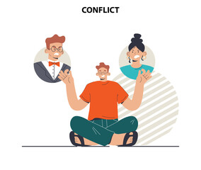 Conflict concept. Controversy or disagreement between people. Calm man