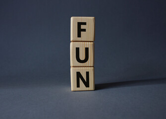 FUN symbol. Wooden cubes with word FUN. Beautiful grey background. FUN concept. Copy space.