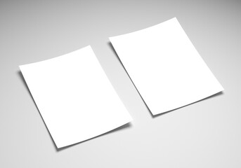 Two blank sheets of paper on white background. Poster or flyer mockup or template for custom design. 3D Illustration