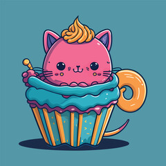 A Cute Cartoon Cat Enjoying Ice Cream Delights in Vector Illustration,Draw vector illustration character collection cute cat in ice cream cones for summer,food dessert bakery product fabulous fashion 