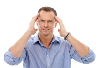 Portrait, burnout and PNG with a business man isolated on a transparent background suffering from stress. Anxiety, mental health and overworked with a frustrated male employee rubbing his temples