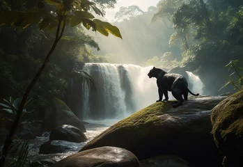 Foto op Plexiglas Panther close-up, photography of a Panther in a forest front of waterfall. A black jaguar walking through a jungle stream with green plants and trees in the background. Generative AI © Mickael