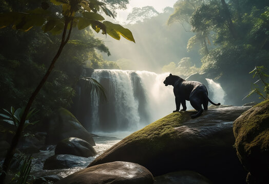 Panther close-up, photography of a Panther in a forest front of waterfall. A black jaguar walking through a jungle stream with green plants and trees in the background. Generative AI