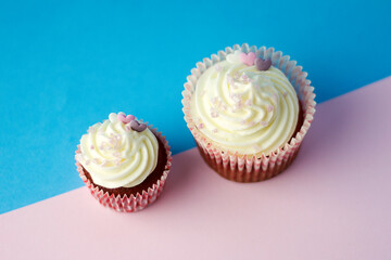 Two cupcakes with cream cheese on a light blue and pale pink background