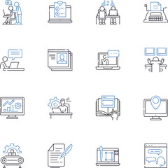 Workaholics line icons collection. Overworking, Ambition, Dedication, Perfectionism, Productivity, Stress, Burnout vector and linear illustration. Focus,Multitasking,Deadline outline signs set