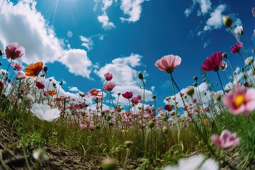 Wide angle photo of wild  flowers during the day with blue sky and white clouds