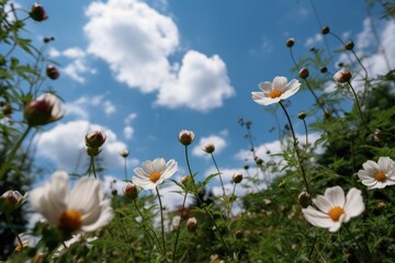 Wide angle photo of wild  flowers during the day with blue sky and white clouds