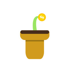 Coin grow from plant at pot like leaf. Meaning of investment, growth of money, finance, money saving and economic. Isolated vector illustration