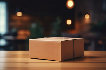 Delivery Package on Table with Blurred Home Background. Shopping online concept