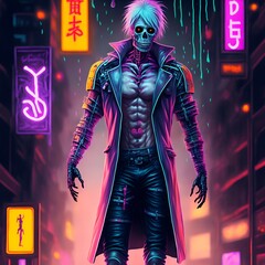 cyberpunk skeleton in the neon city