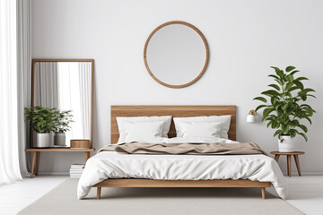 Minimalist bedroom interior design with king bed, plants, frames and mirror. Generative AI