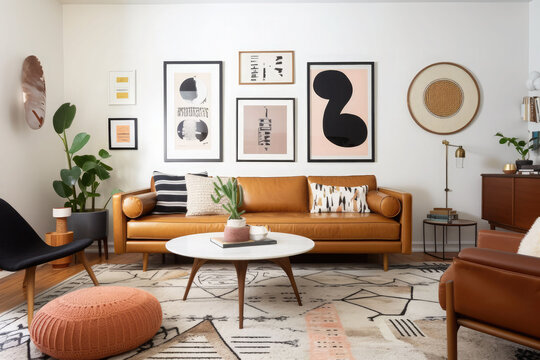 Mid-century modern living room with tan leather sofa, geometric rug and art prints. Generative AI