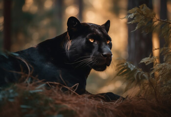 Panther close-up, photography of a Panther in a forest. A black jaguar walking through a jungle stream with green plants and trees in the background. Generative AI