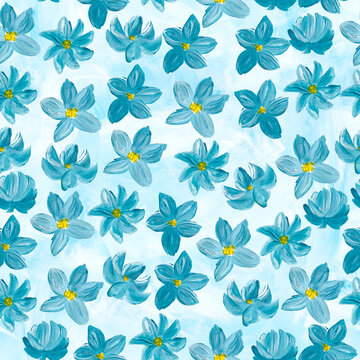 Seamless pattern of abstract painting blue flowers, original hand drawn, impressionism style, color texture, brush strokes of paint, art background.