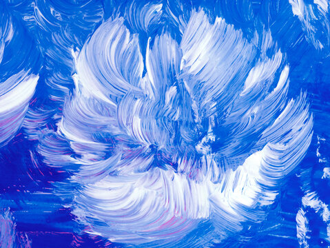 Abstract painting white flower on blue, original hand drawn, impressionism style, color texture, brush strokes of paint, art background.