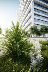 Fototapeta na wymiar Plants closeup with office building behind. Generative AI