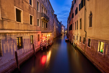 Fototapeta na wymiar Night Canal in Venice with beautiful lights, Venice