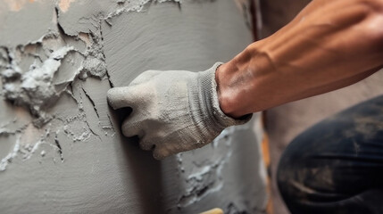 close-up of a construction worker plastering cement at a wall