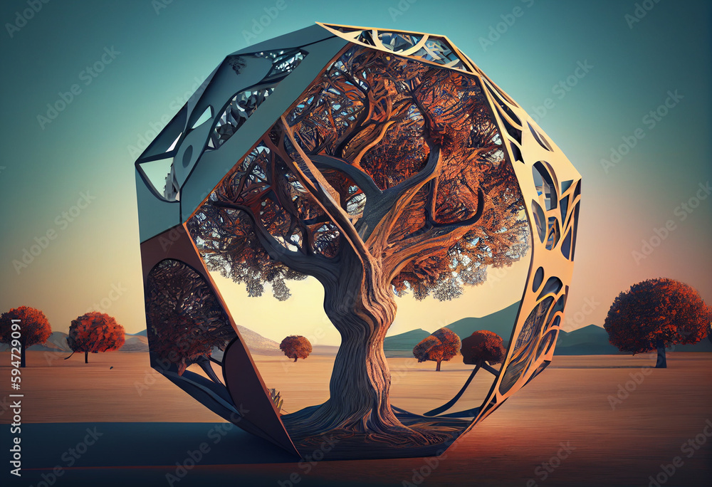 Poster Beautiful abstract surreal tree. Generative AI technology.	
