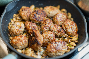 Cook Cutlet in a pan - Homeade made dish also caled Kotelet - Made from minced pork - Shallow focus