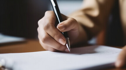 woman's hand holding a pen and writing on a report in an office
